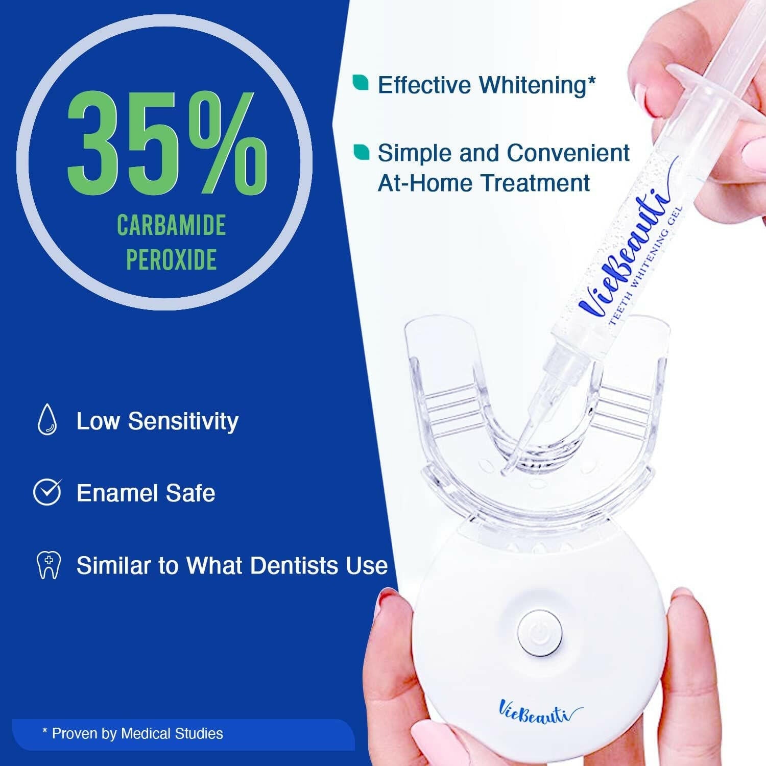 Teeth Whitening Kit - 5X LED Light Tooth Whitener with 35% Carbamide Peroxide, Mouth Trays, Remineralizing Gel and Tray Case - Built - In 10 Minute Timer Restores Your White Smile - Glow Pure