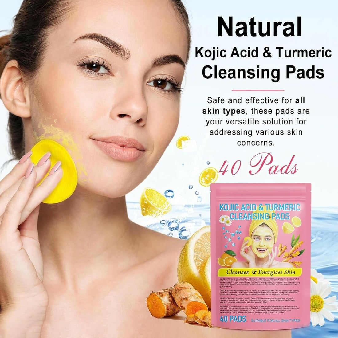 Turmeric Cleansing Pads, Kojic Acid &amp; Turmeric Cleansing Pads,Turmeric Pads for Face Dark Spots, Curcumin Turmeric Cleansing Cotton Pads, Turmeric Kojic Pads, Turmeric Cleansing Pads for Face (40 PCS) - Glow Pure