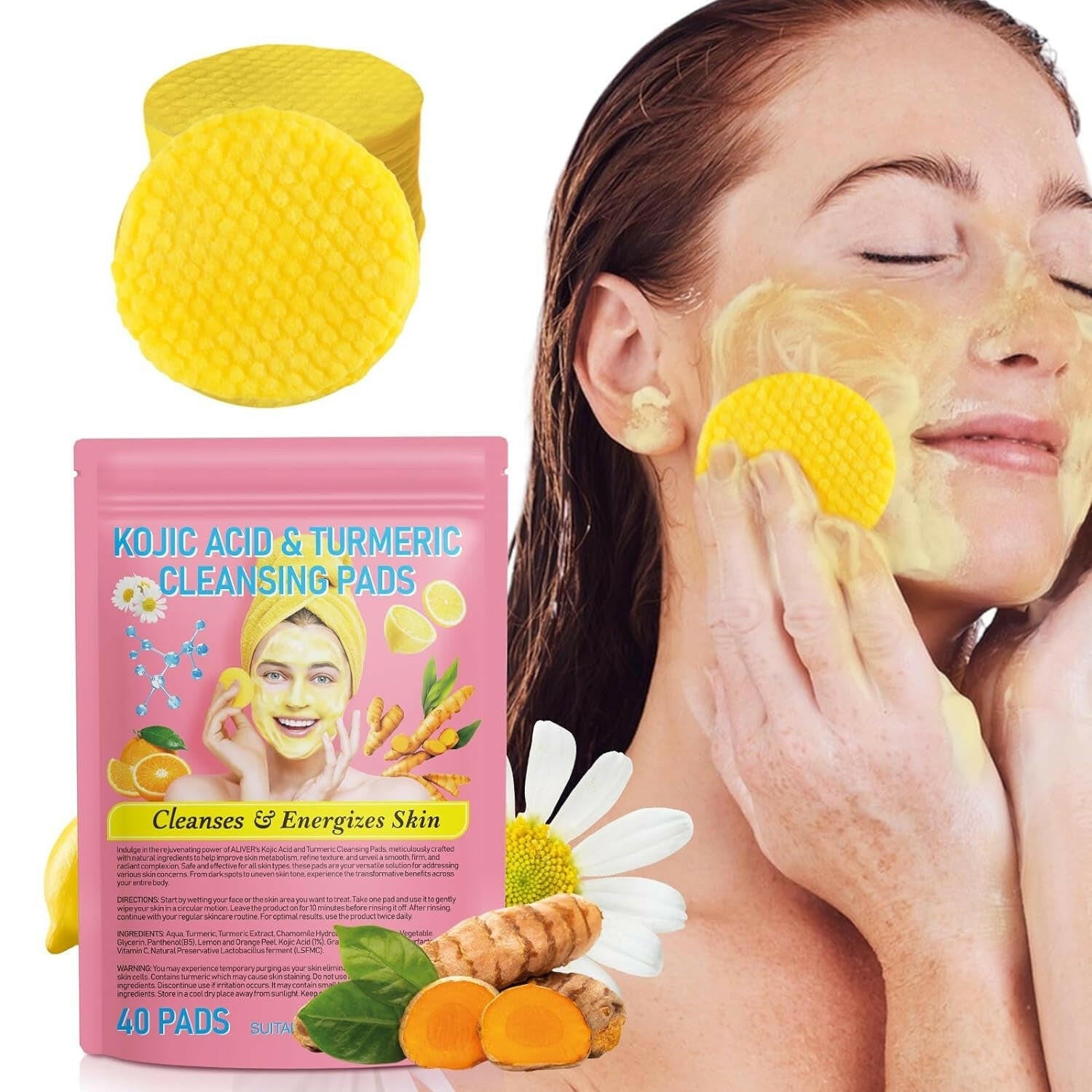 Turmeric Cleansing Pads, Kojic Acid &amp; Turmeric Cleansing Pads,Turmeric Pads for Face Dark Spots, Curcumin Turmeric Cleansing Cotton Pads, Turmeric Kojic Pads, Turmeric Cleansing Pads for Face (40 PCS) - Glow Pure