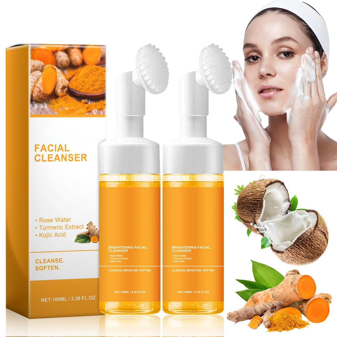 Turmeric Facial Cleanser, Turmeric Face Wash, Turmeric Foaming Facial Cleanser, Turmeric Facial Wash, Turmeric Foaming Cleanser for All Skin Deep Cleaning (2pcs) - Glow Pure