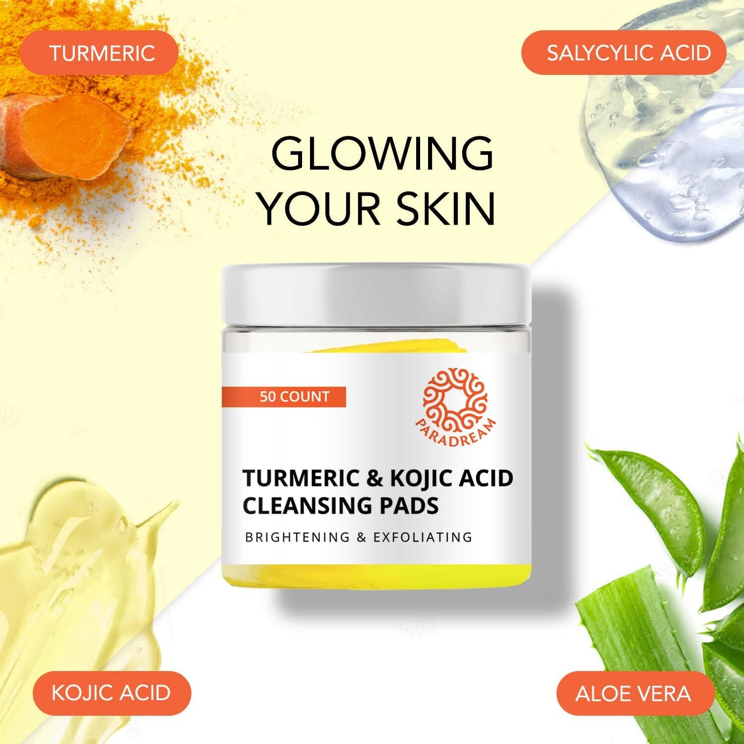 Turmeric Kojic Cleansing Pads: Turmeric Face Exfoliating Pads for Acne Scars Skin Fades Skin Firming - Cleaning Pad with Turmeric and Kojic - Deep Clean Pores 50PCS - Glow Pure