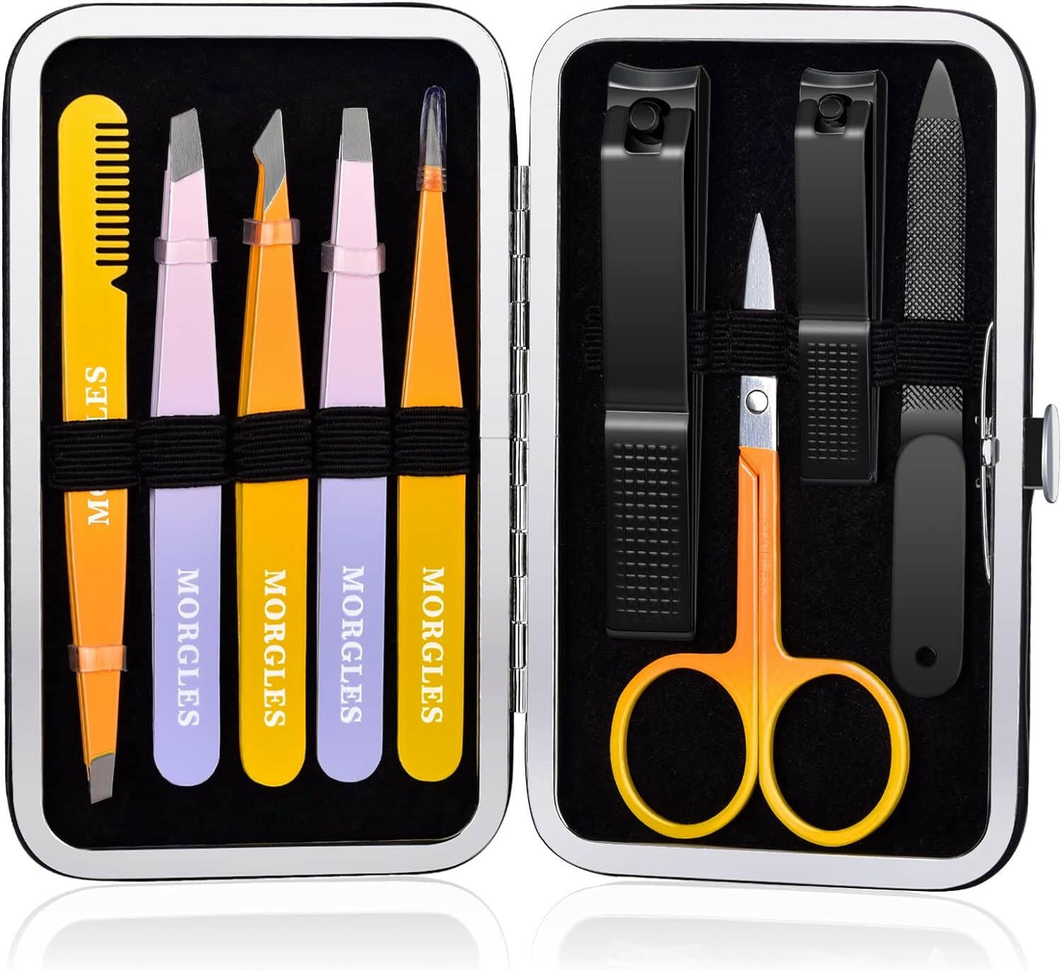 Tweezers Set, Professional Nail Clippers and Tweezer Kit for Women and Men with Leather Travel Case, 9 Pack - Glow Pure