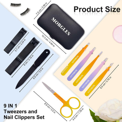 Tweezers Set, Professional Nail Clippers and Tweezer Kit for Women and Men with Leather Travel Case, 9 Pack - Glow Pure