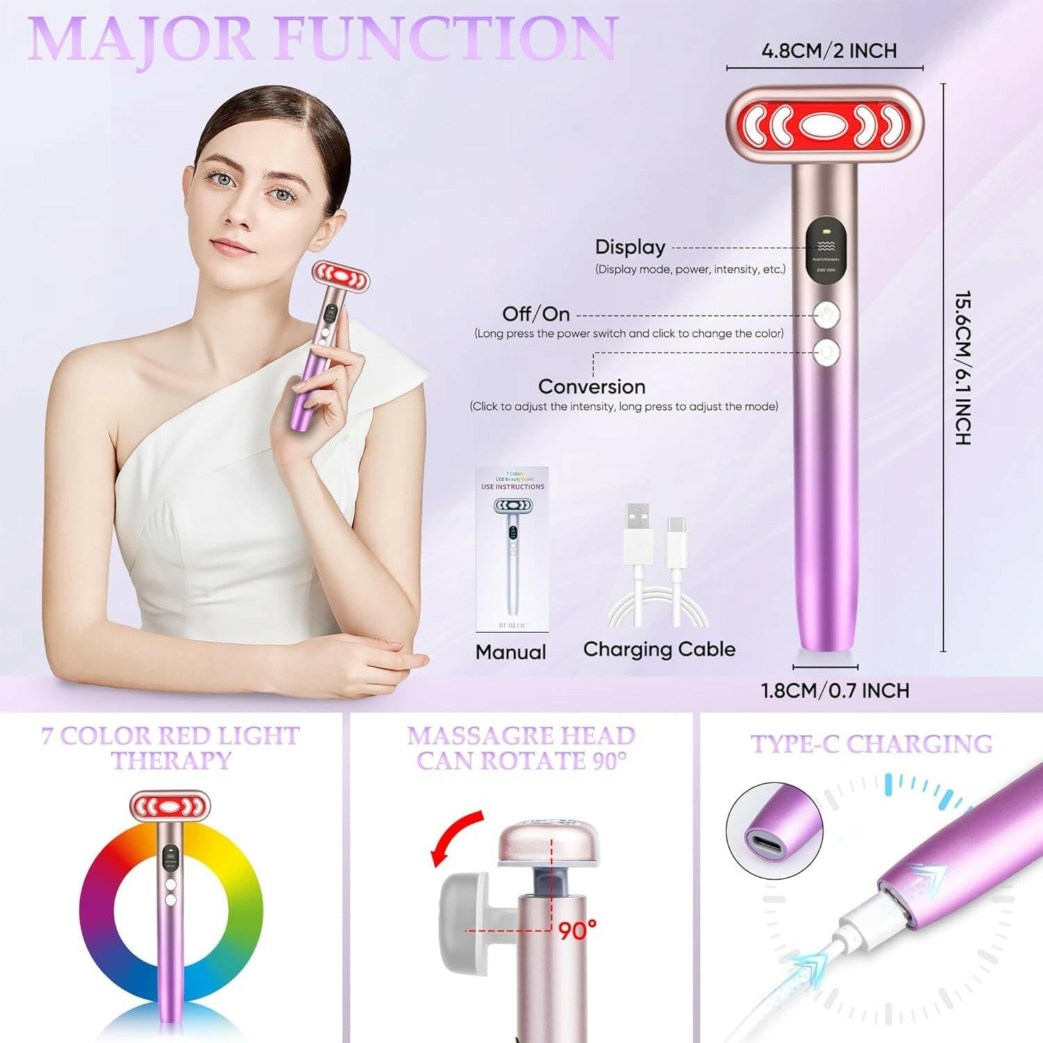 Upgrade 7 in 1 Light Therapy Wand with Display Screen,Home Use Light Face Wand for Face &amp; Eye,Portable Light Therapy,Travel LED Light Therapy for Face,Purple - Glow Pure