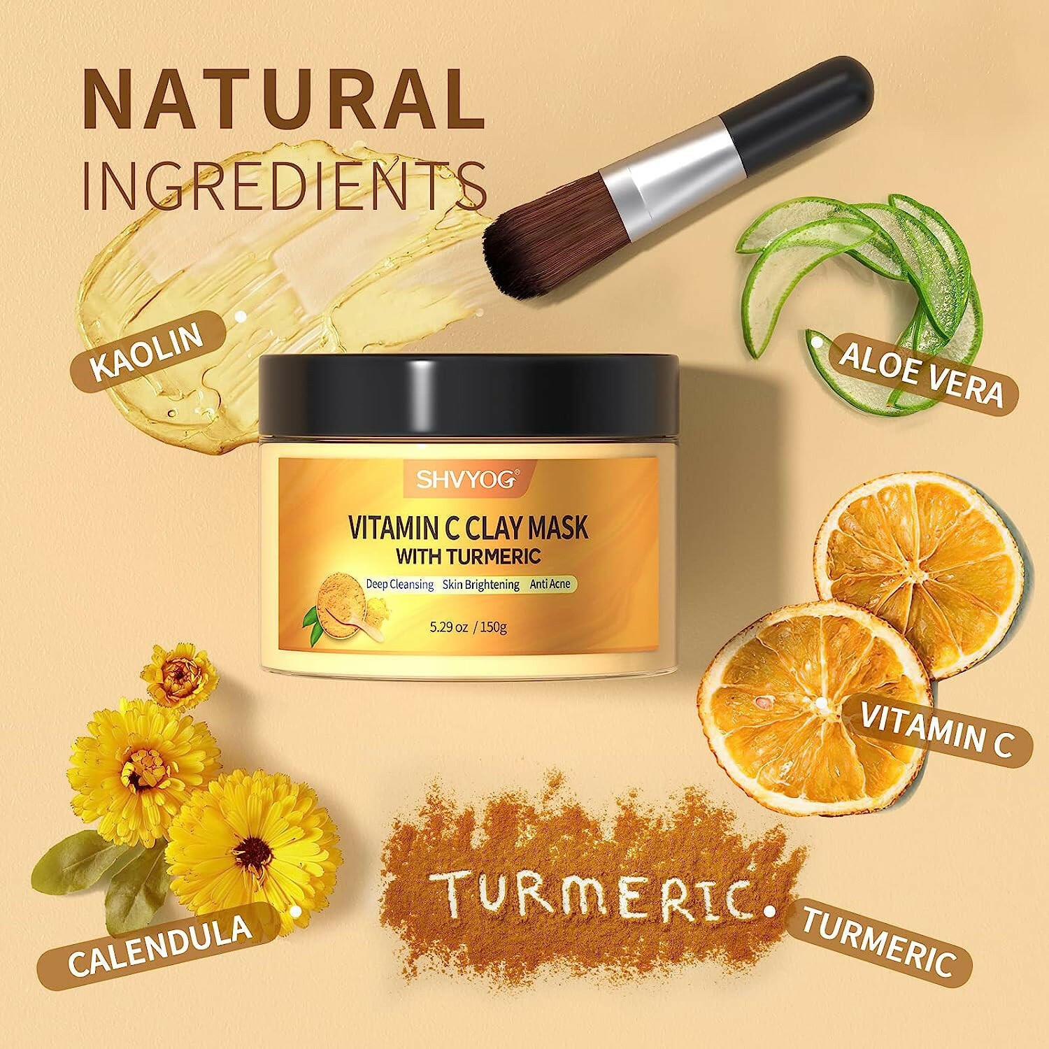 Vitamin C Face Mask with Kaolin Clay and Turmeric for Dark Spots, Dull Skin, Skincare Facial Mask for Controlling Oil and Refining Pores 5.29 Oz - Glow Pure