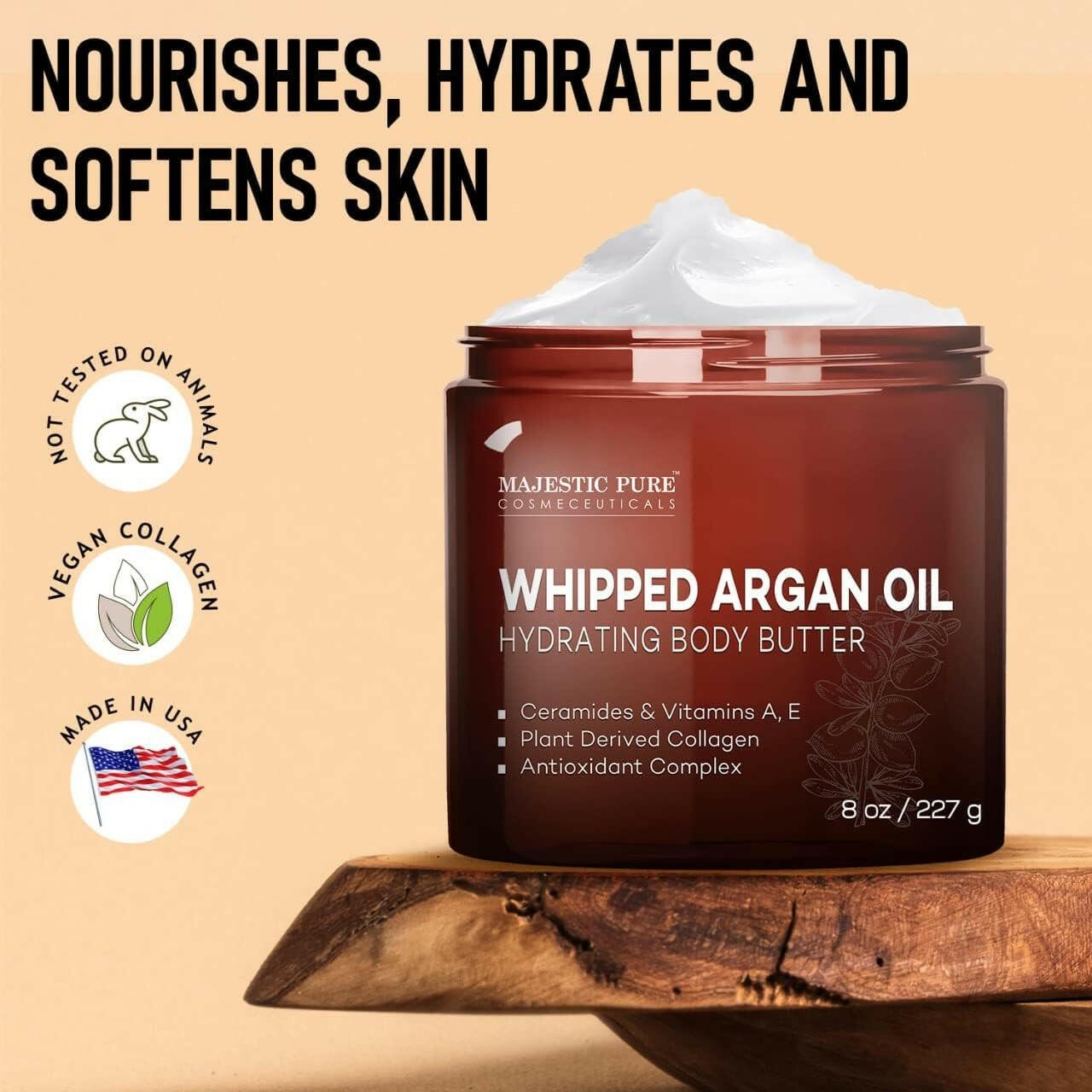 Whipped Argan Oil Body Butter for Women &amp; Men - with Ceramides,Vitamin E &amp; a &amp; Vegan Collagen - for Skin,Face,&amp; Appearance of Wrinkles Fine Lines - 8Oz - Glow Pure