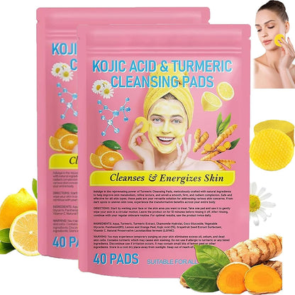 ZRW 40Pcs Turmeric Kojic Acid Cleansing Pads,Natural Turmeric Kojic Acid Cleansing Pads,Vitamin C - Gentle &amp; Non - Irritating for Face Body(2 Bag) - Glow Pure